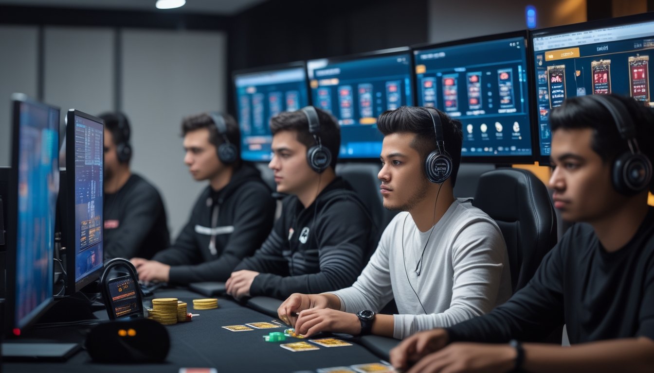 Sekelompok pemain poker profesional yang serius bermain turnamen Ceme online dengan komputer dan peralatan gaming di ruangan modern.