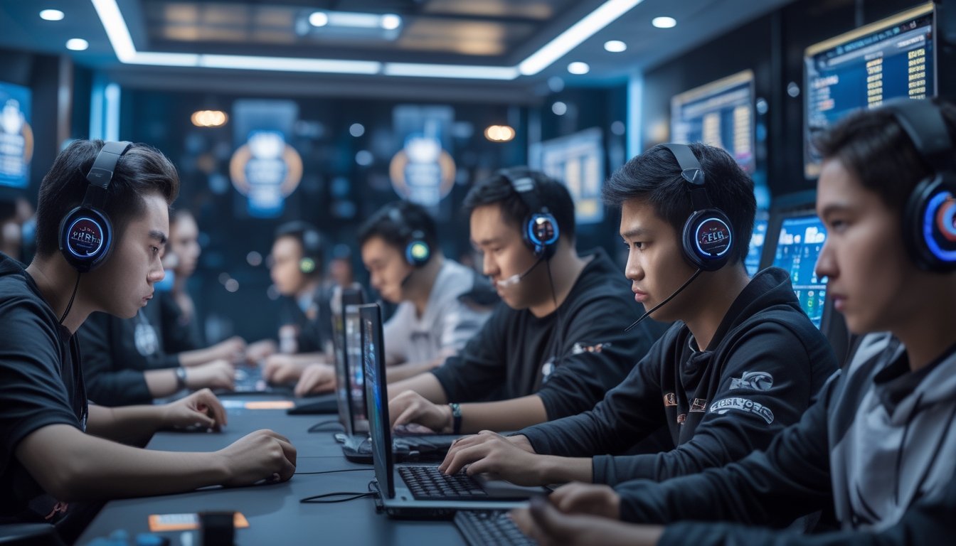 Sekelompok pemain poker profesional sedang fokus bermain turnamen Ceme online dengan laptop dan monitor di ruangan gaming modern.