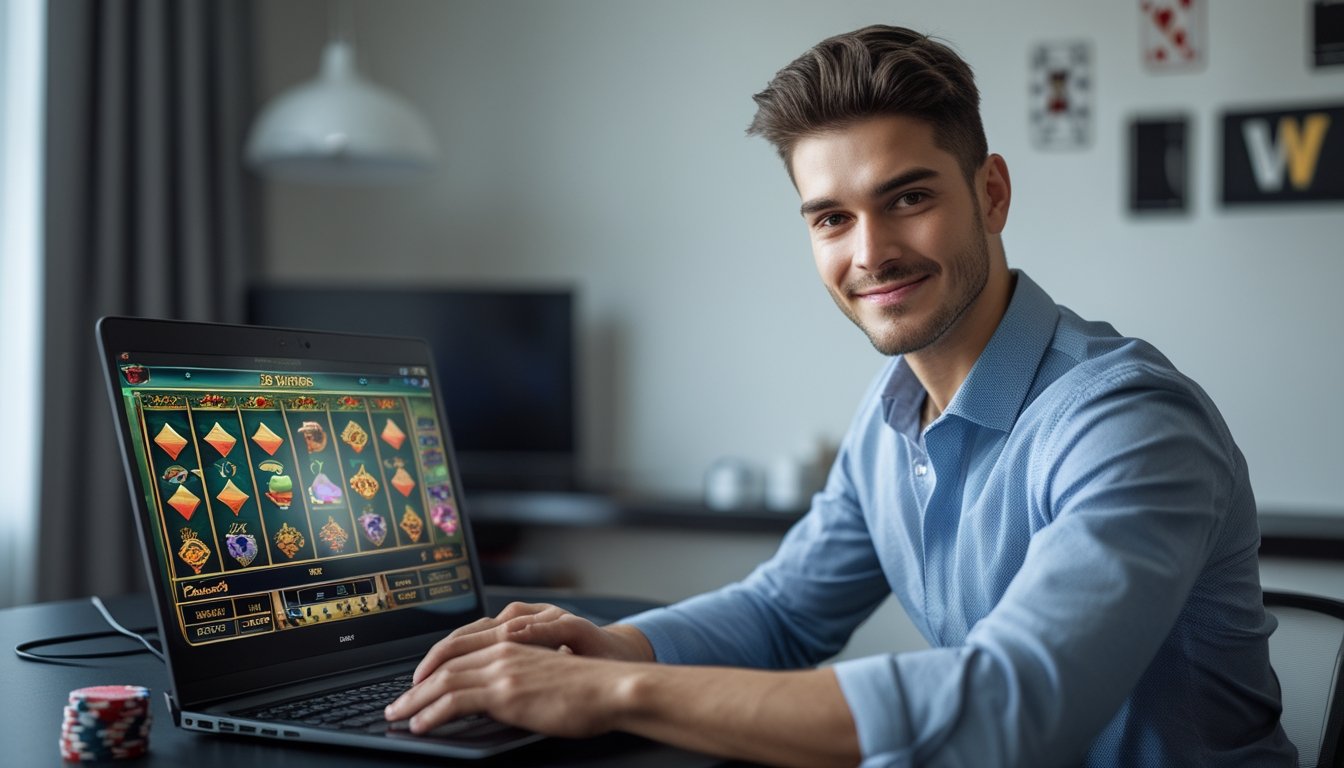 Seorang pria muda duduk di depan laptop dengan tampilan permainan kasino online, terlihat fokus dan senang di ruangan yang rapi dan terang.