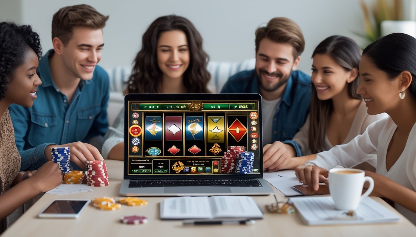 Sekelompok orang muda sedang belajar bermain casino online di depan laptop dengan antarmuka permainan casino yang berwarna-warni di layar.