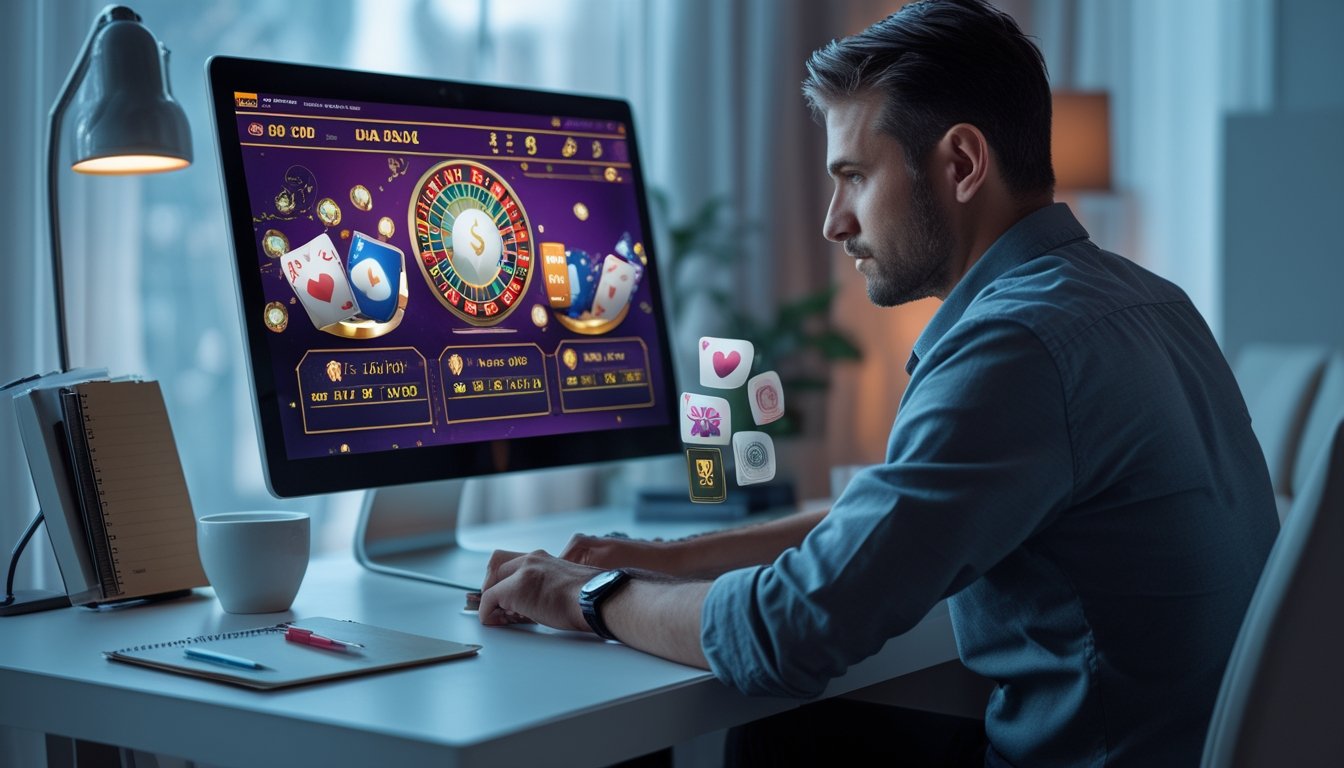 Seorang pemain dewasa sedang fokus bermain permainan casino online di depan layar komputer dengan suasana ruang kerja yang rapi dan pencahayaan lembut.