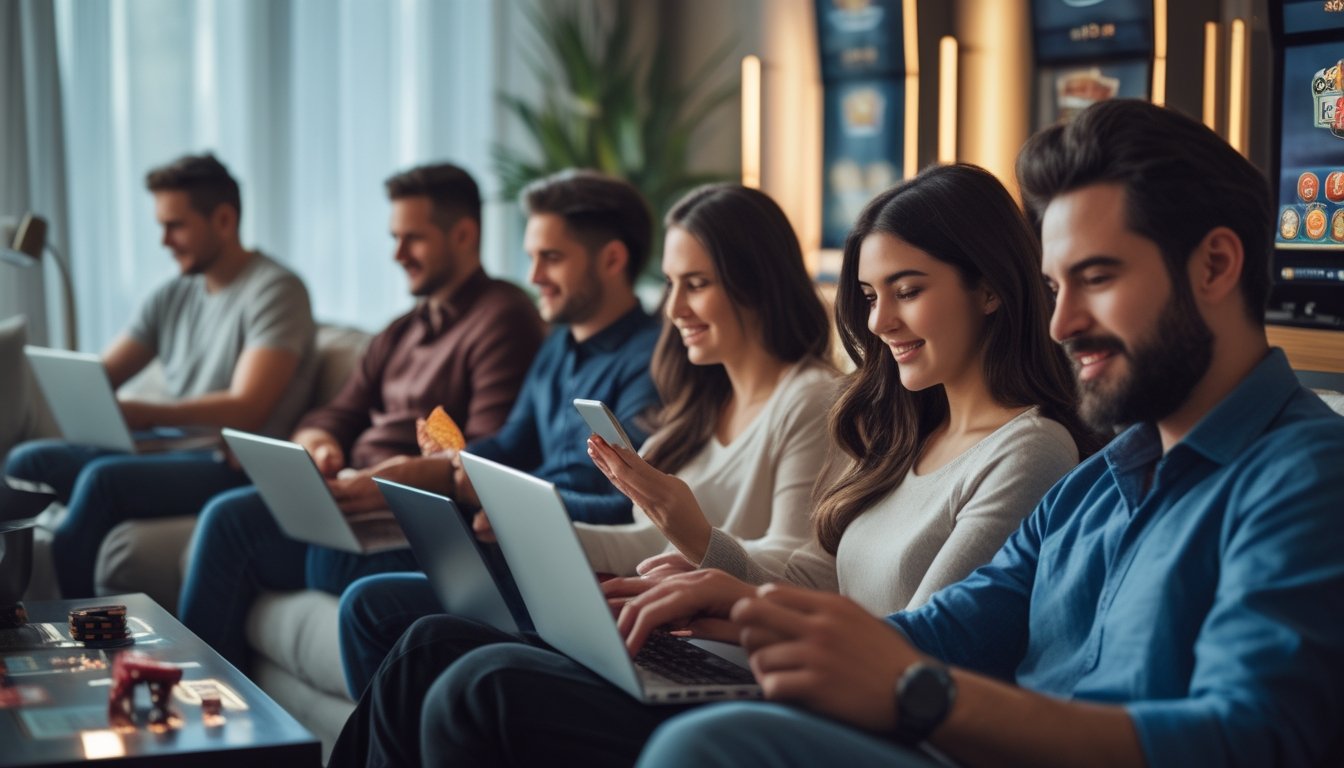 Orang-orang bermain permainan kasino online dengan perangkat digital di rumah yang nyaman.