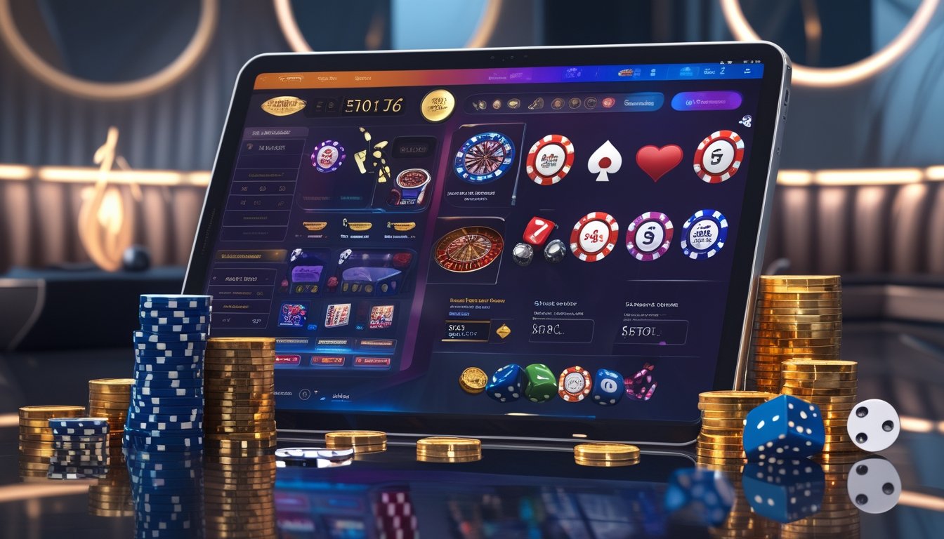 Seorang pemain menggunakan laptop dengan permainan kasino online di layar, dikelilingi oleh chip poker, kartu, dadu, dan koin emas di meja.