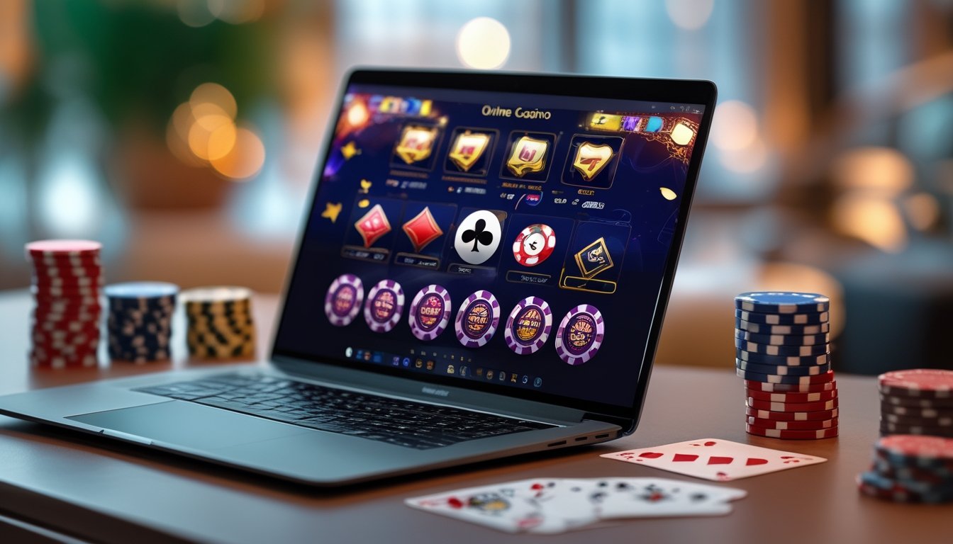 Sebuah meja dengan komputer yang menampilkan permainan kasino online populer, dikelilingi oleh chip poker dan kartu remi.