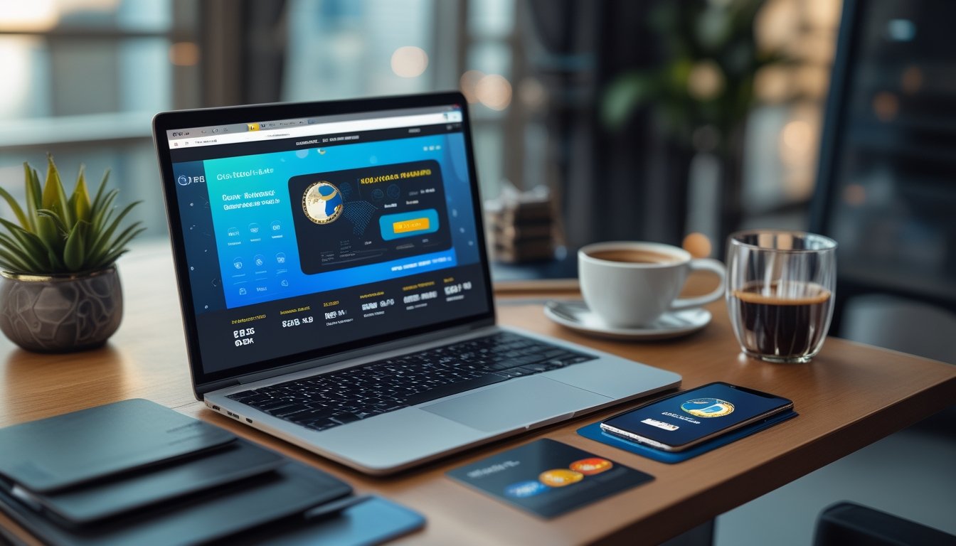 Meja kerja dengan laptop, kartu kredit, dan ponsel yang menampilkan aplikasi pembayaran untuk situs casino online.