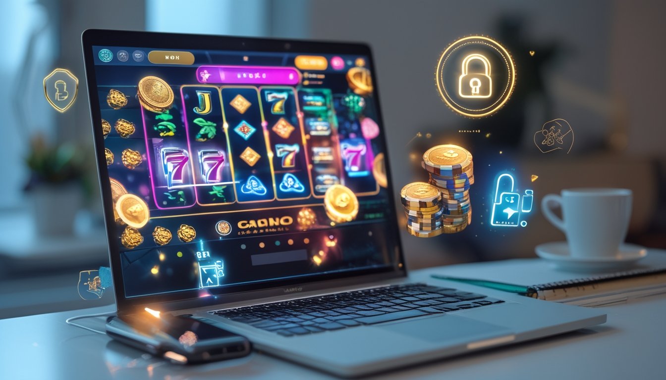 Layar laptop dan ponsel menampilkan antarmuka kasino online dengan simbol keamanan dan bonus di meja kerja yang rapi.