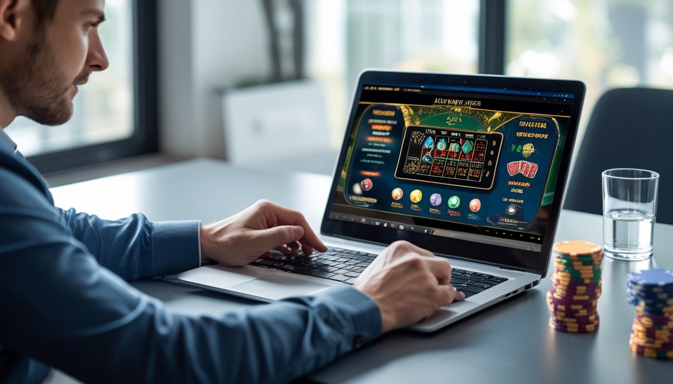 Seorang pria fokus menggunakan laptop dengan tampilan permainan kasino online di layar, memegang chip poker di tangan, duduk di meja kerja di ruangan yang terang.