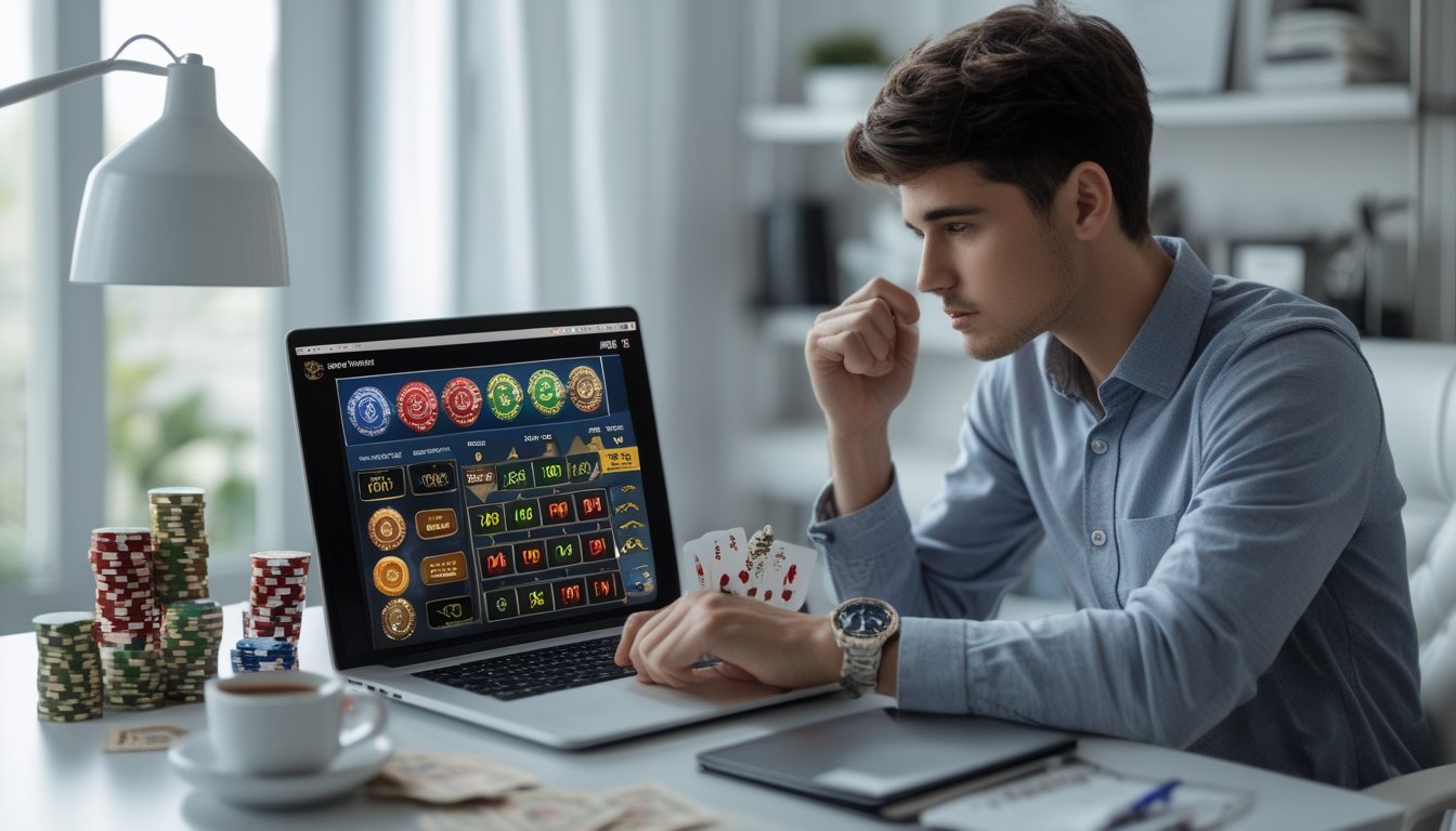 Seorang dewasa muda duduk di meja dengan laptop terbuka menampilkan situs kasino online, dikelilingi oleh tumpukan chip poker dan kartu remi, menunjukkan pengelolaan modal yang efektif.