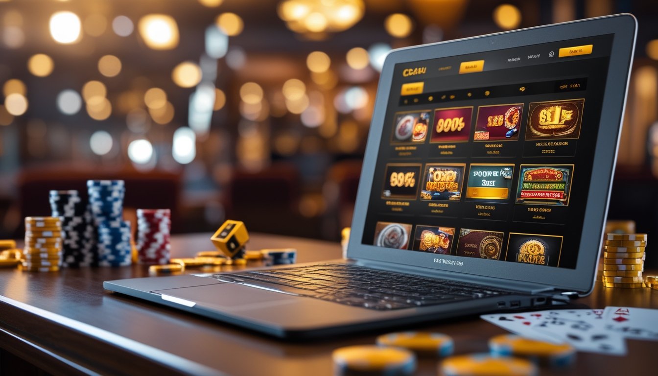 Sebuah laptop menampilkan situs kasino online dengan chip poker, kartu remi, dadu, dan koin emas di atas meja kayu.