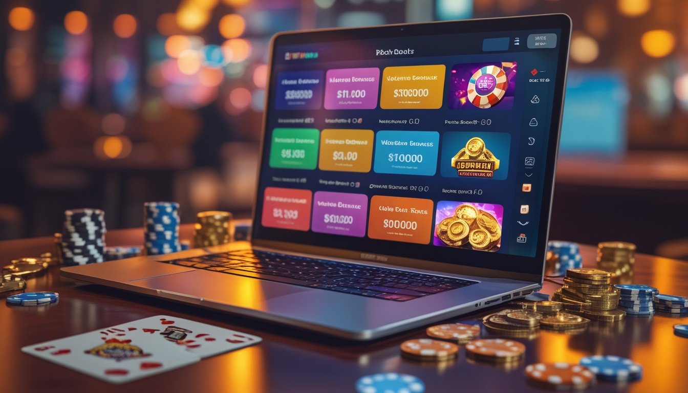 Sebuah laptop dengan tampilan situs casino online dan berbagai elemen casino seperti chip poker, kartu, dan koin di atas meja kayu.