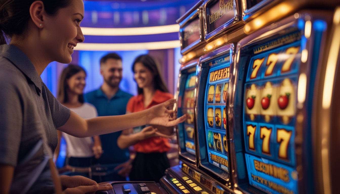 Orang-orang sedang bermain mesin slot retro dengan simbol warna-warni di kasino, tampak suasana belajar dan bermain yang ramah.