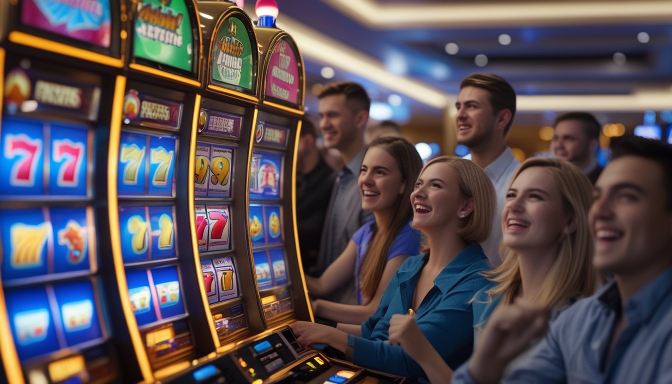 Orang-orang sedang bermain mesin slot retro di kasino dengan ekspresi antusias dan suasana yang hidup.