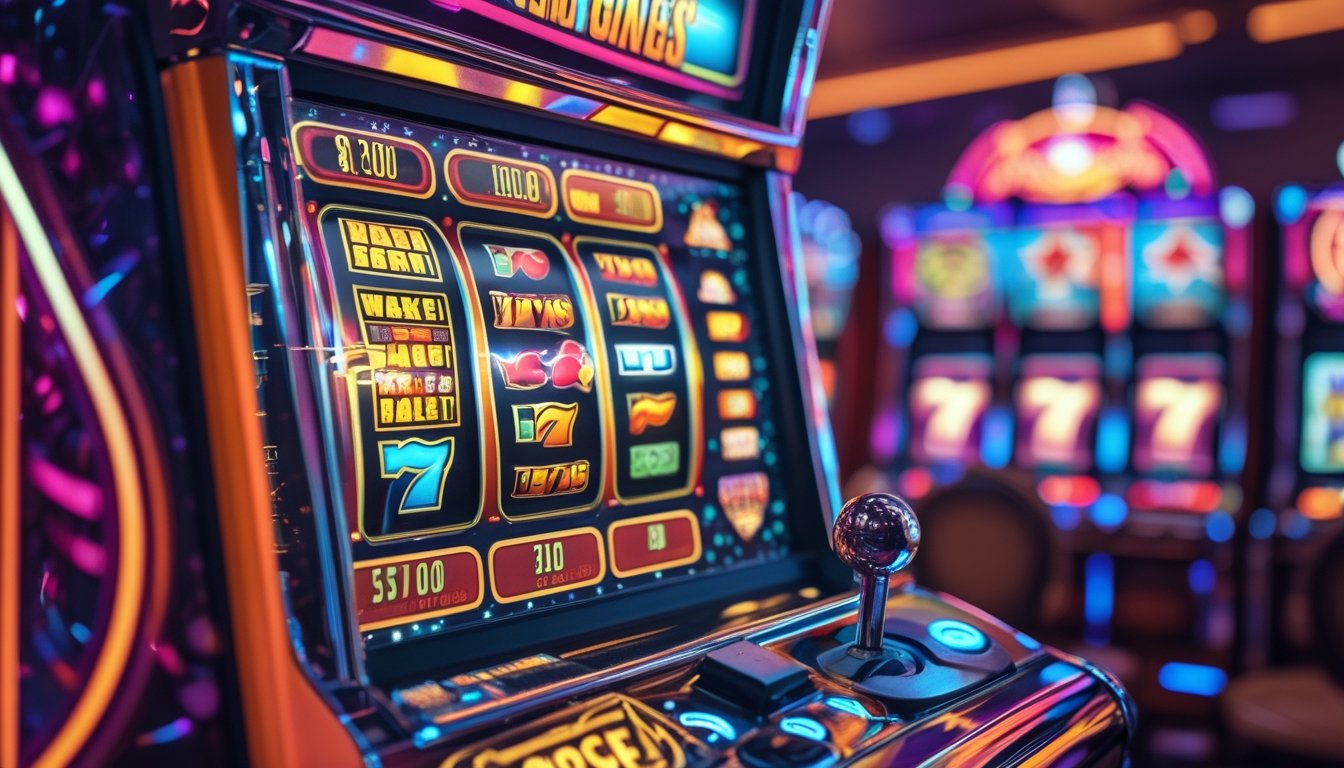 Mesin slot klasik dengan gulungan berwarna-warni dan lampu yang menyala di dalam kasino.