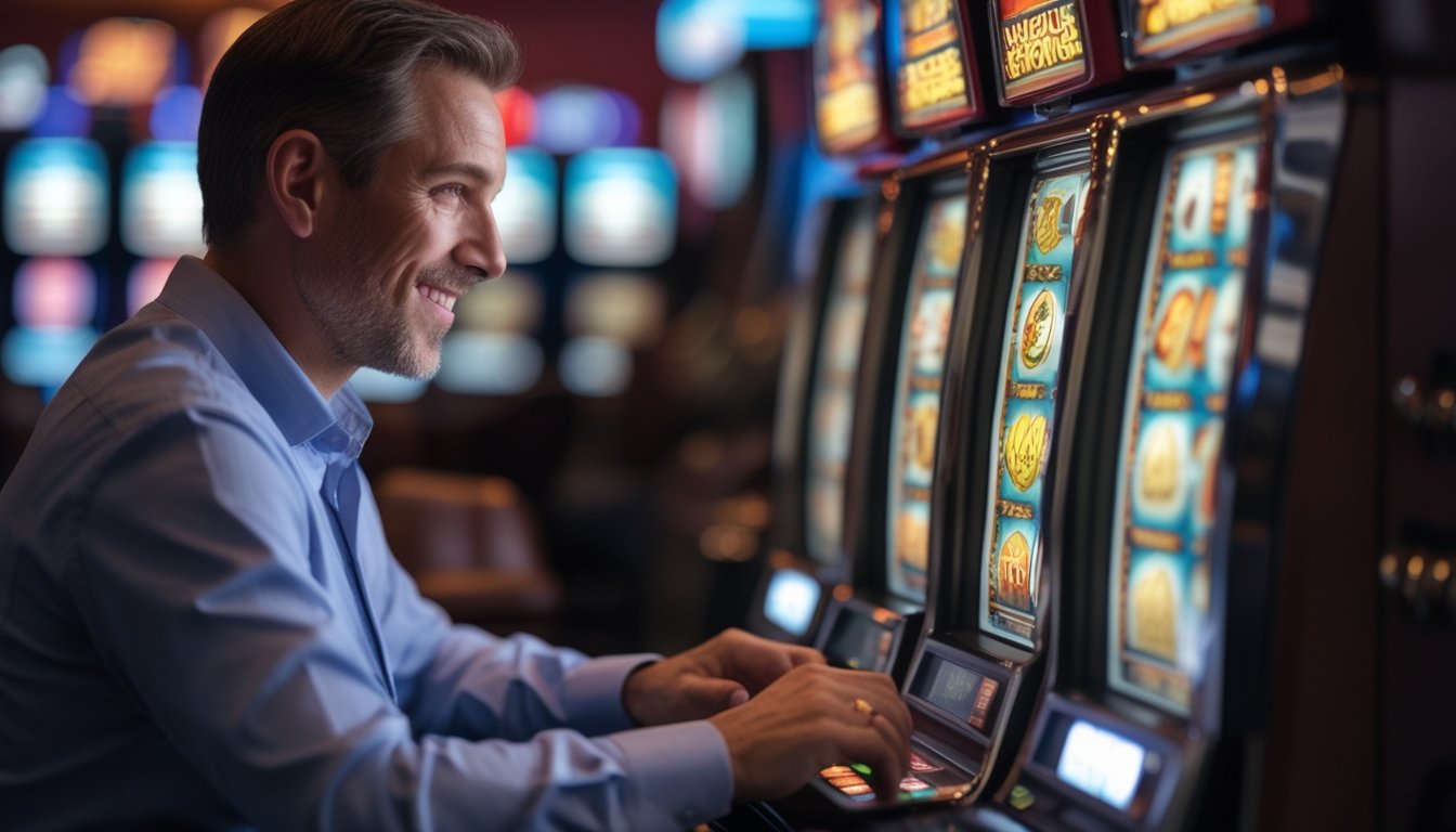 Seorang pria dewasa duduk di depan mesin slot Retro Reels di kasino, tampak fokus dan percaya diri saat bermain.