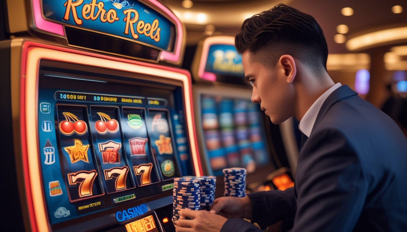 Seorang pemain slot yang fokus bermain mesin slot Retro Reels di dalam kasino dengan suasana hangat dan lampu lembut.