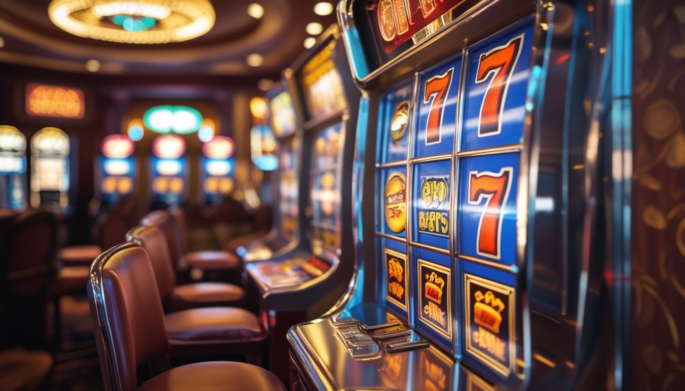 Mesin slot retro klasik dengan gulungan berwarna cerah di dalam suasana kasino yang hangat dan dekorasi vintage.