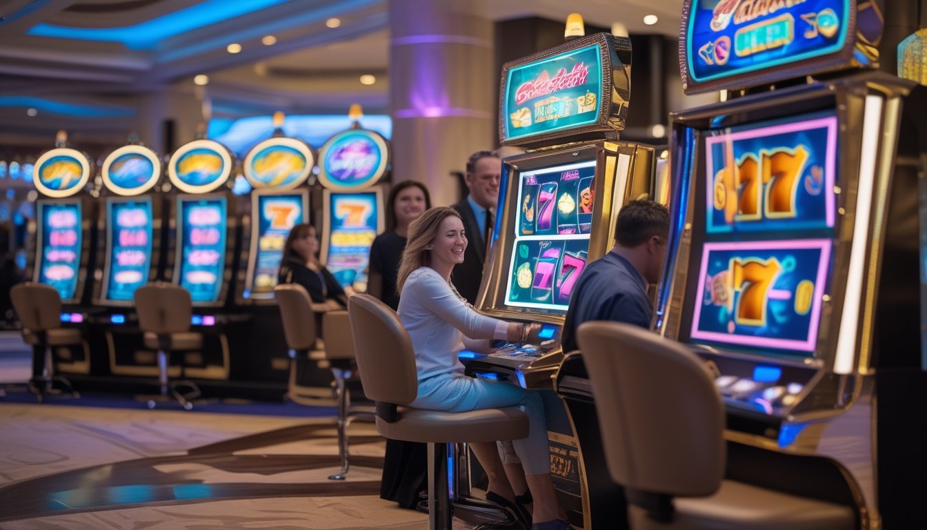 Orang-orang bermain mesin slot dengan desain klasik di dalam kasino yang terang dan modern.