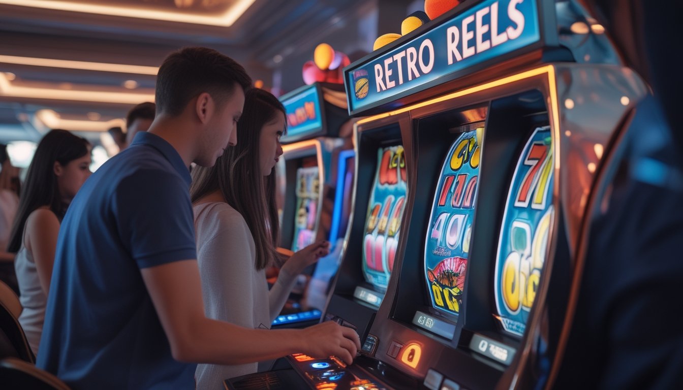 Orang-orang sedang bermain mesin slot digital dengan tema retro di dalam kasino yang terang dan modern.