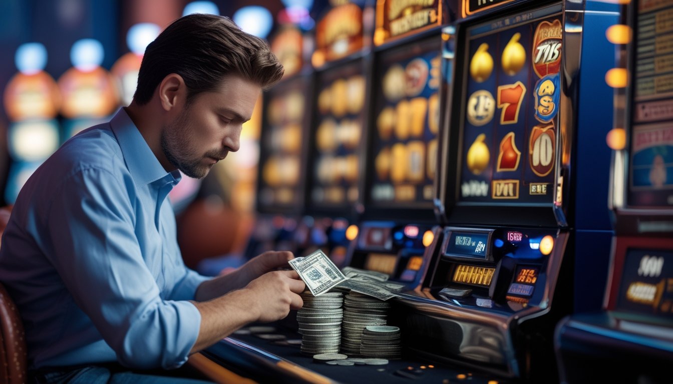 Seorang pria dewasa duduk di depan mesin slot retro sambil menghitung uang dengan fokus di dalam kasino.
