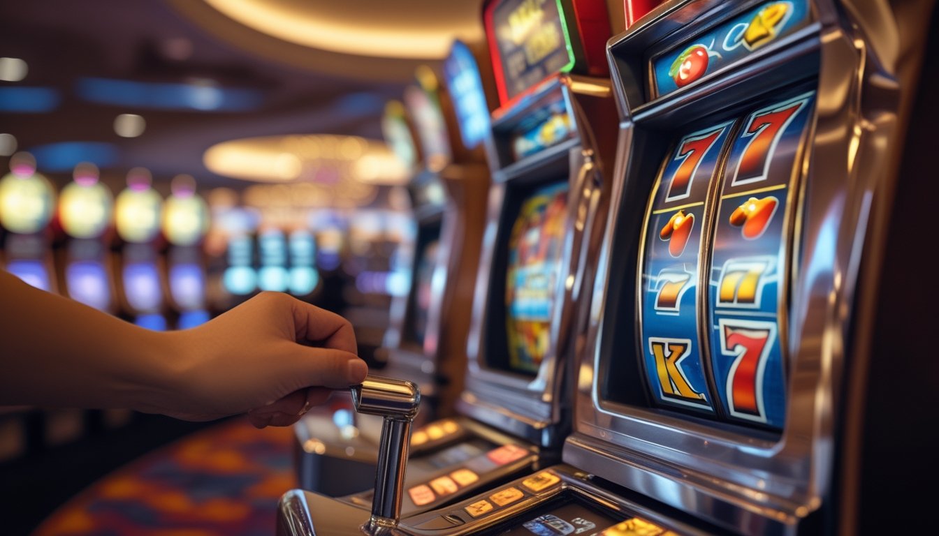 Seseorang sedang bermain mesin slot bergaya retro di kasino dengan latar belakang mesin slot lainnya.