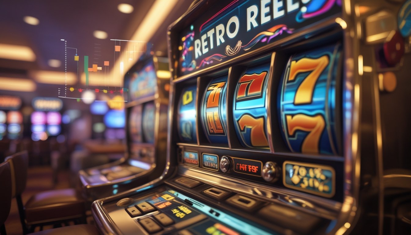 Close-up mesin slot Retro Reels dengan simbol klasik di kasino, menunjukkan konsep analisis volatilitas dan RTP.