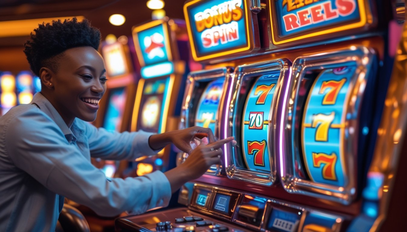 Seseorang sedang bermain mesin slot Retro Reels dan terlihat senang saat mendapatkan bonus free spin.