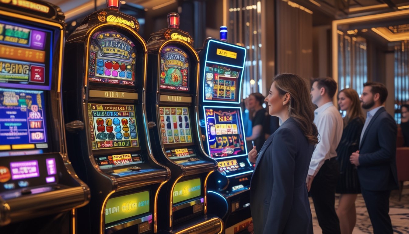 Dua mesin slot berdampingan, satu bergaya retro dengan simbol klasik dan satu lagi bergaya futuristik dengan tampilan digital, di dalam kasino dengan beberapa orang yang mengamati.