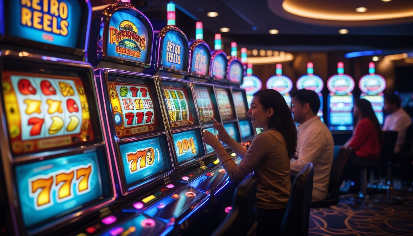 Suasana kasino dengan mesin slot retro berwarna-warni dan pemain yang sedang bermain dengan fokus dan antusiasme.