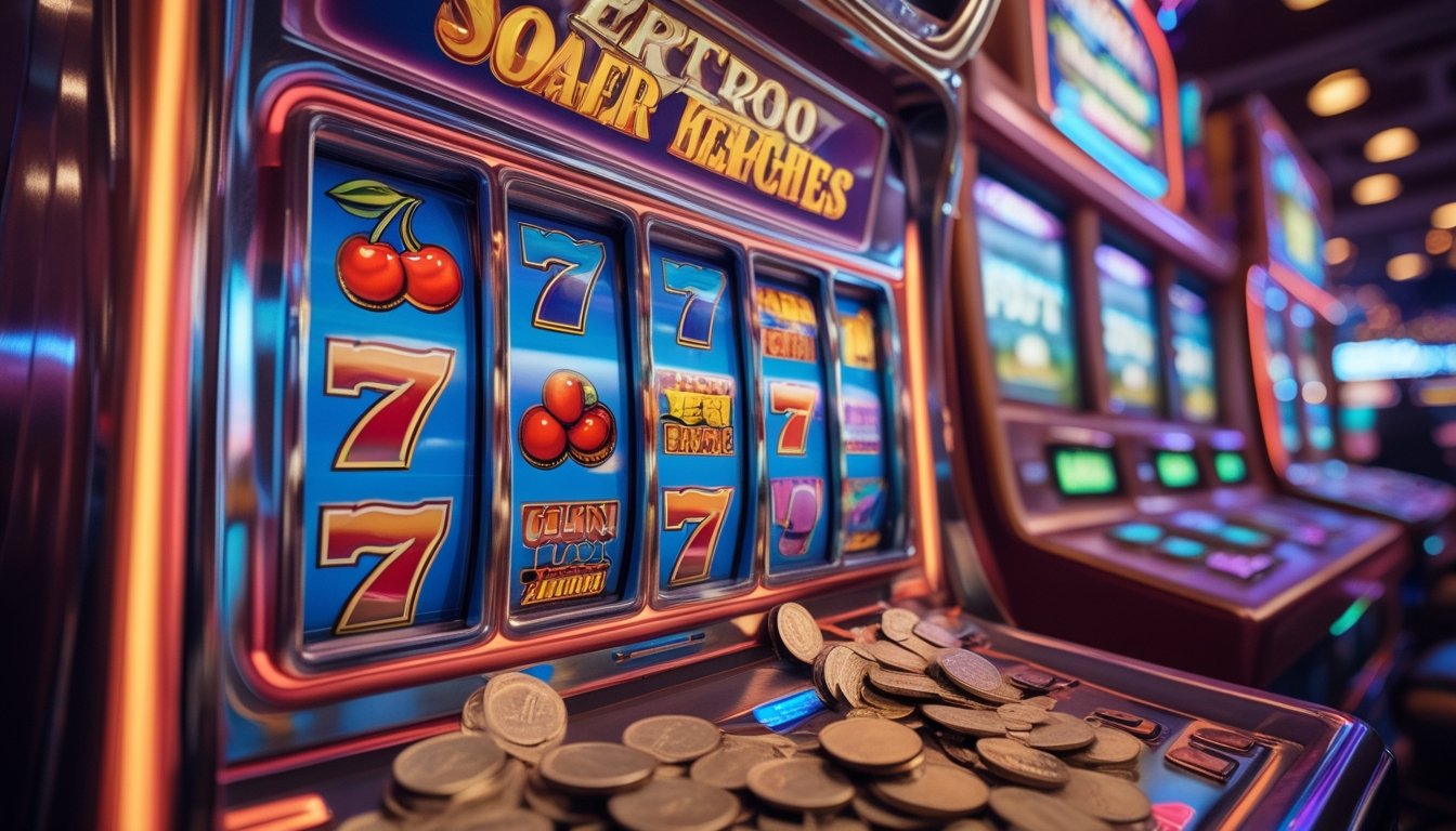 Mesin slot retro dengan gulungan berwarna-warni menampilkan kombinasi simbol pemenang di dalam lingkungan kasino yang ramai.