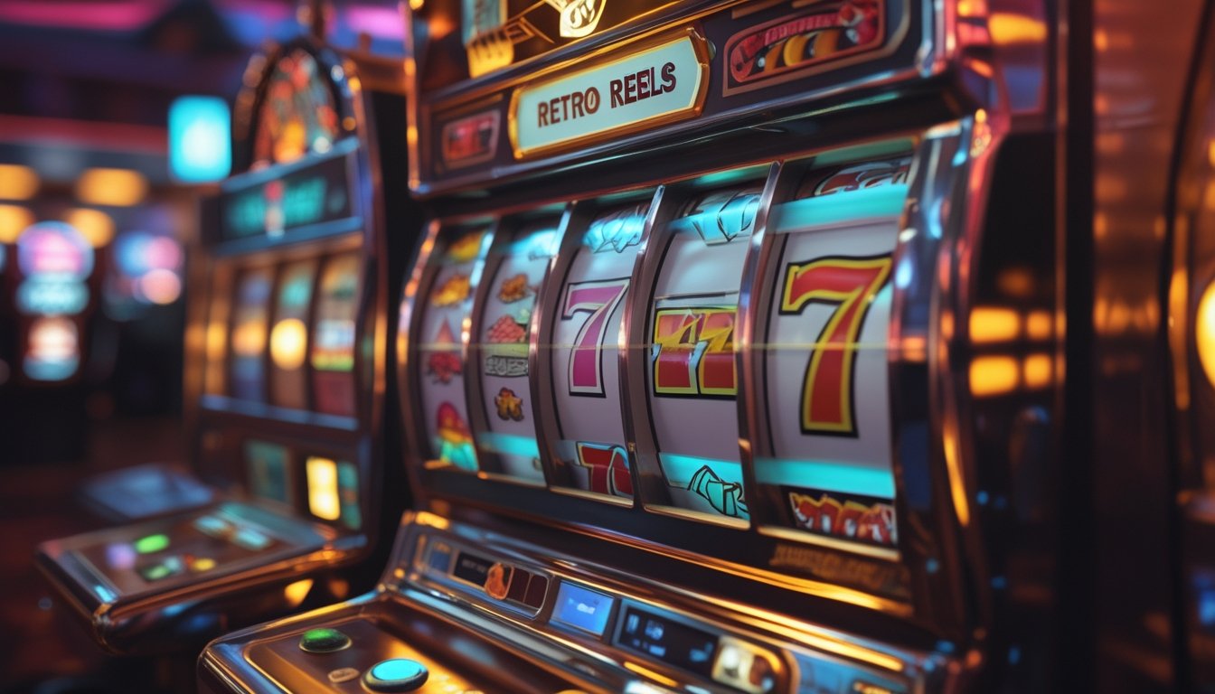 Mesin slot retro dengan simbol klasik seperti ceri dan lonceng di kasino yang remang-remang.