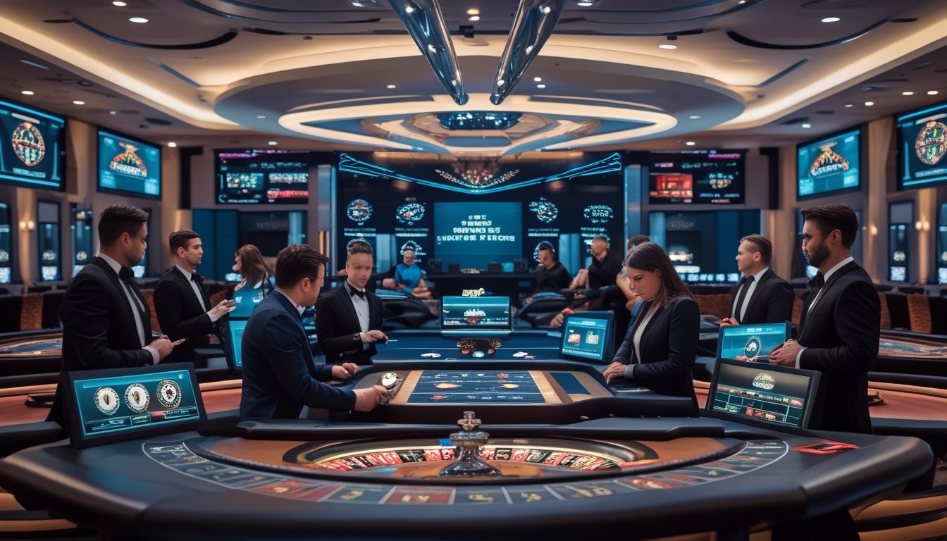 Seorang dealer kasino profesional sedang melayani pemain di meja kasino dengan latar belakang interior kasino modern dan peralatan streaming canggih.