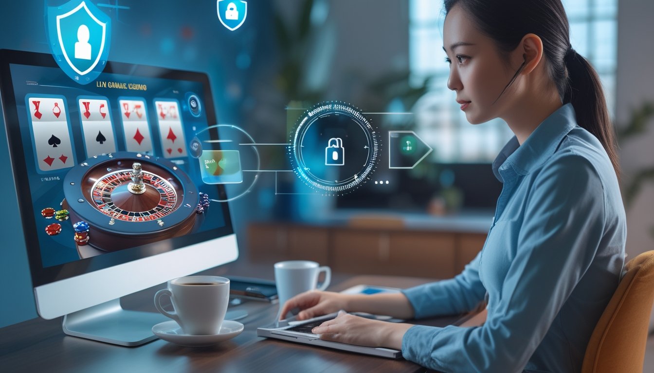 Seorang wanita muda duduk di depan laptop dengan tampilan situs kasino online langsung, di ruang kerja yang rapi dan terang.