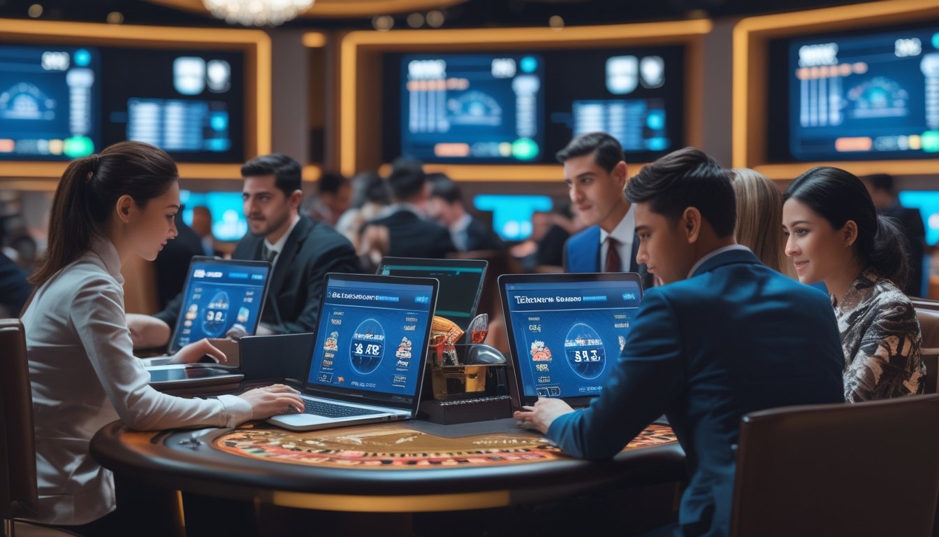 Orang-orang bermain di meja kasino langsung dengan perangkat digital di lingkungan kasino yang modern dan terang.