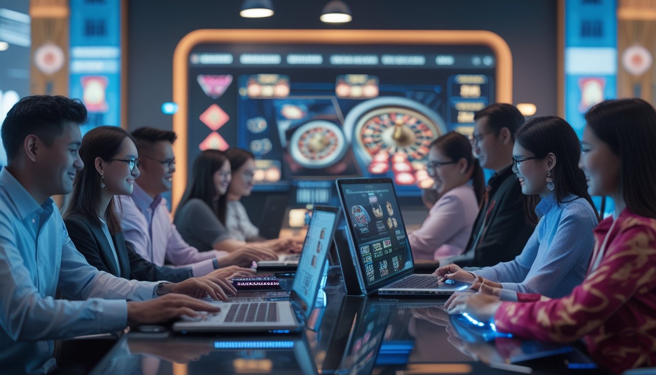 Beberapa orang sedang bermain permainan kasino langsung secara online menggunakan berbagai perangkat di sebuah ruangan modern.