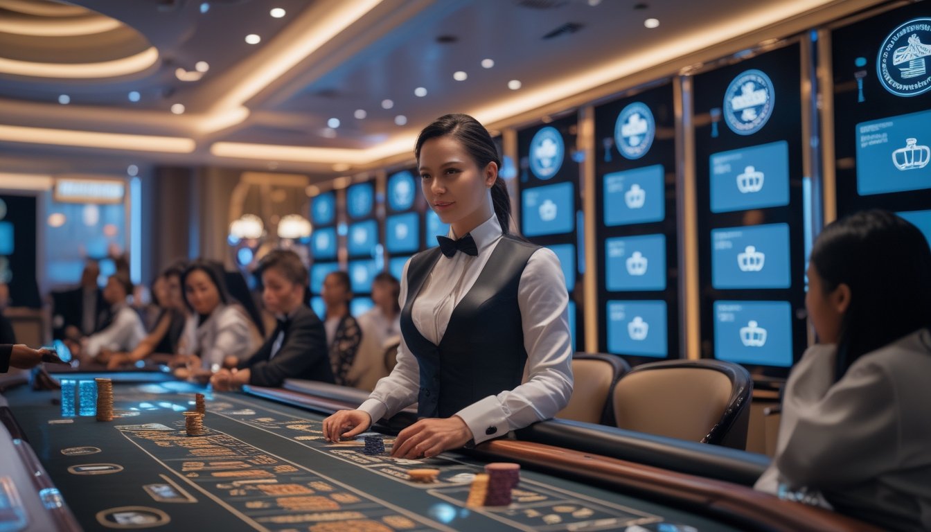 Seorang dealer berdiri di belakang meja kasino dengan pemain yang sedang bermain di latar belakang dalam suasana kasino yang modern dan terang.