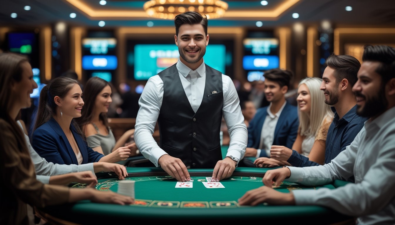 Seorang dealer kasino profesional berdiri di belakang meja kartu dengan pemain yang fokus bermain di sekitarnya dalam suasana kasino yang elegan.