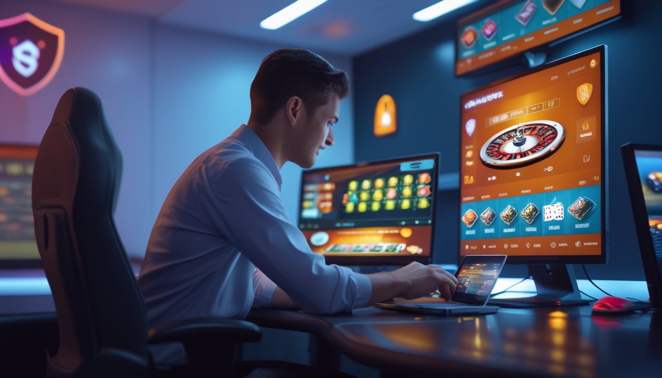 Seseorang sedang bermain kasino langsung online dengan beberapa layar komputer yang menampilkan permainan kasino seperti roulette dan poker di ruangan yang terang dan modern.