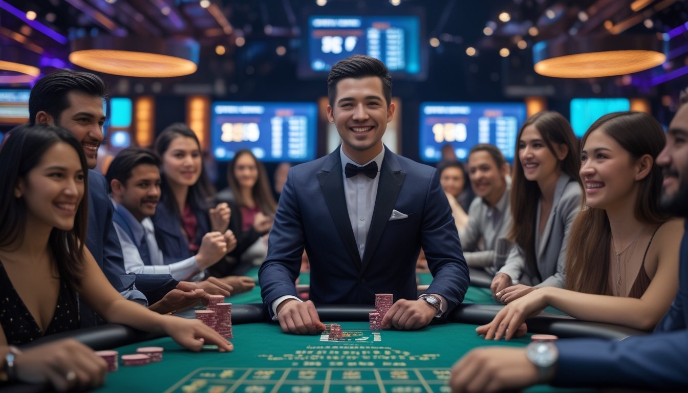 Seorang dealer kasino yang tersenyum di meja permainan dengan pemain yang fokus dan suasana kasino langsung yang hidup.