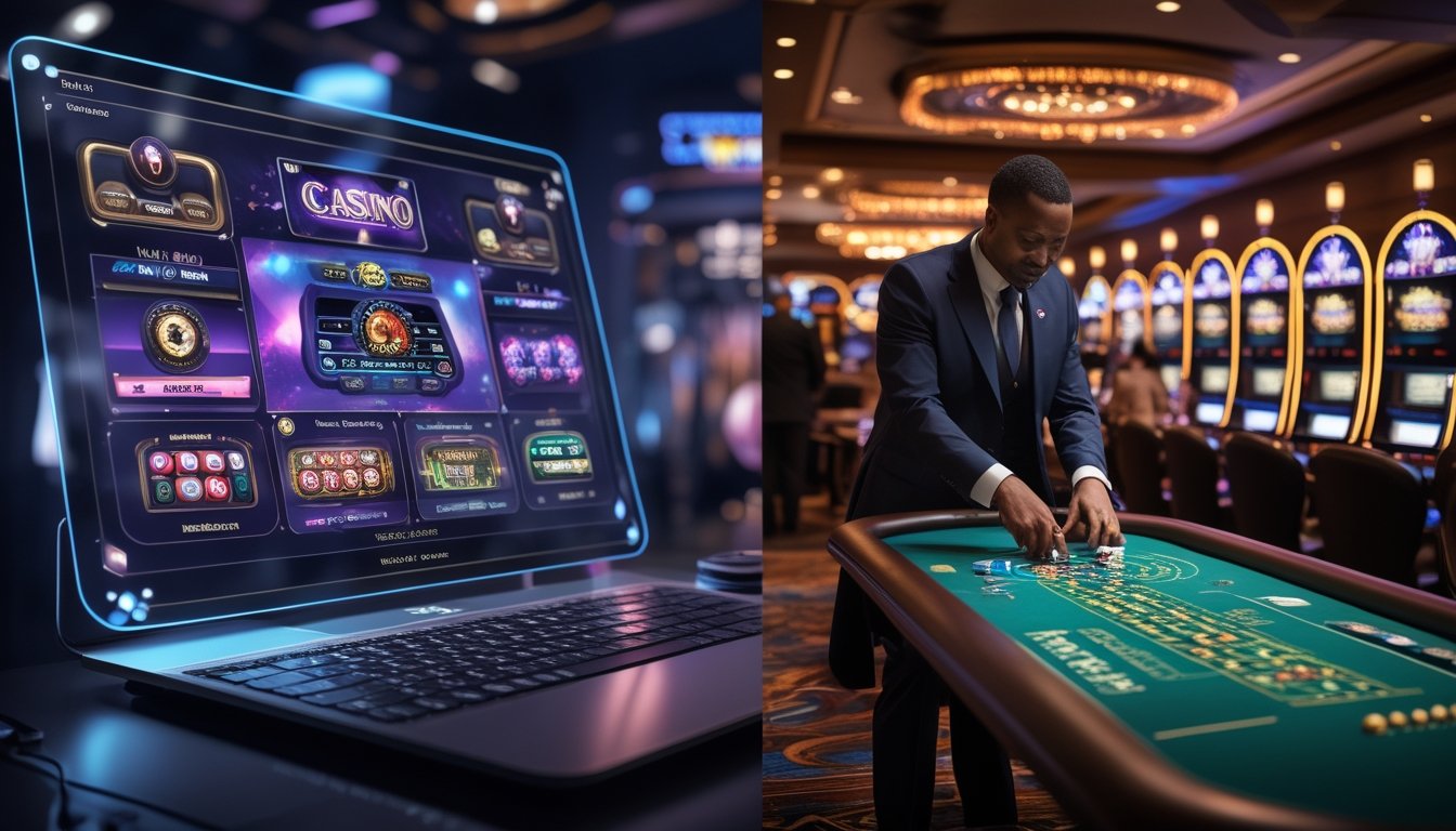 Gambaran perbandingan antara kasino online dengan dealer langsung di layar digital dan kasino konvensional dengan meja kartu dan pemain di ruangan mewah.