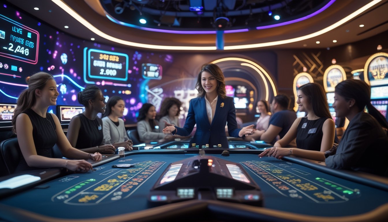 Suasana kasino langsung modern dengan dealer dan pemain yang berinteraksi melalui layar digital, berdampingan dengan gambar kasino konvensional dengan mesin slot dan meja poker.