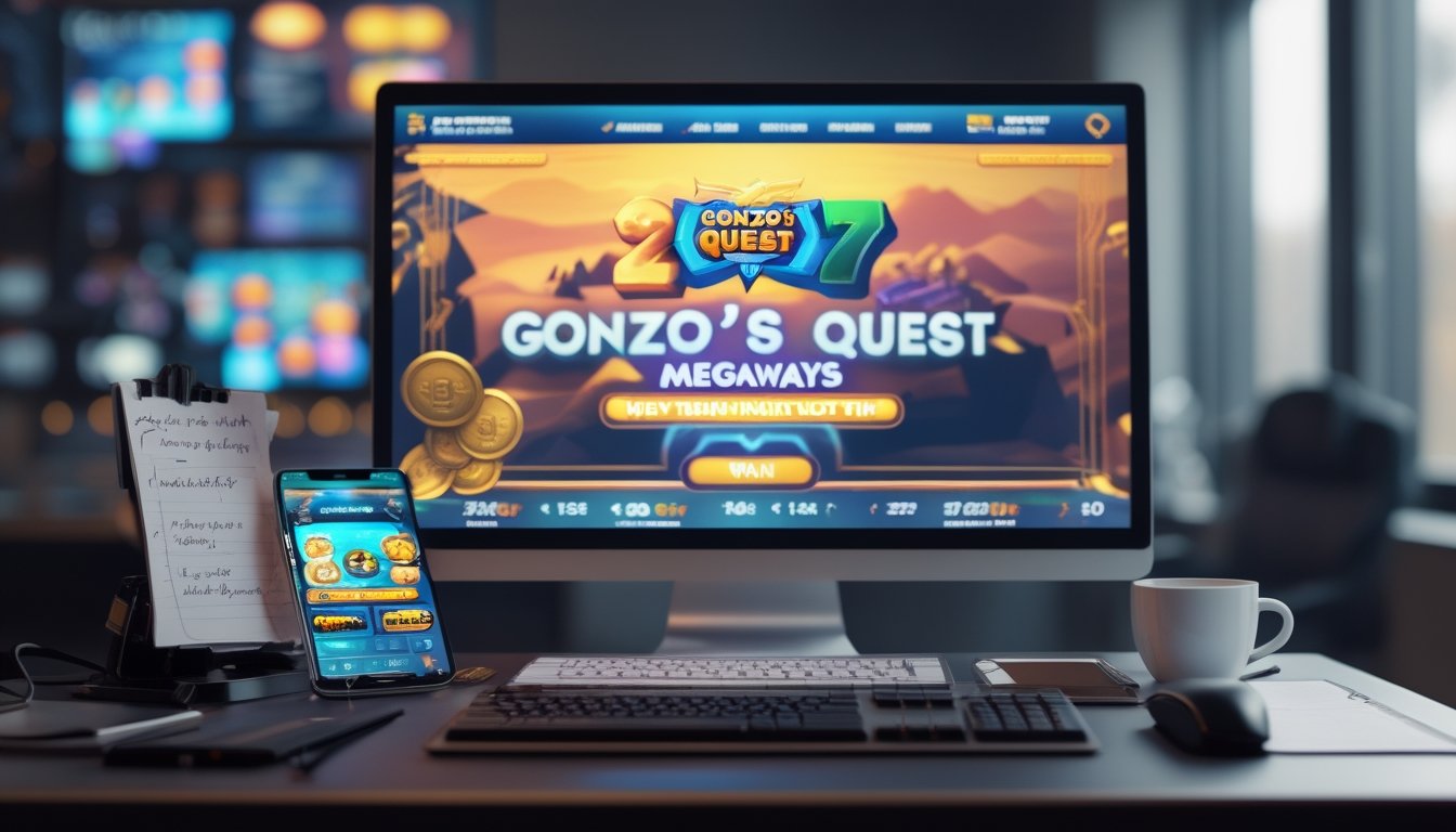 Meja dengan komputer menampilkan permainan slot bertema petualangan, dilengkapi dengan catatan dan ponsel di sekitarnya.
