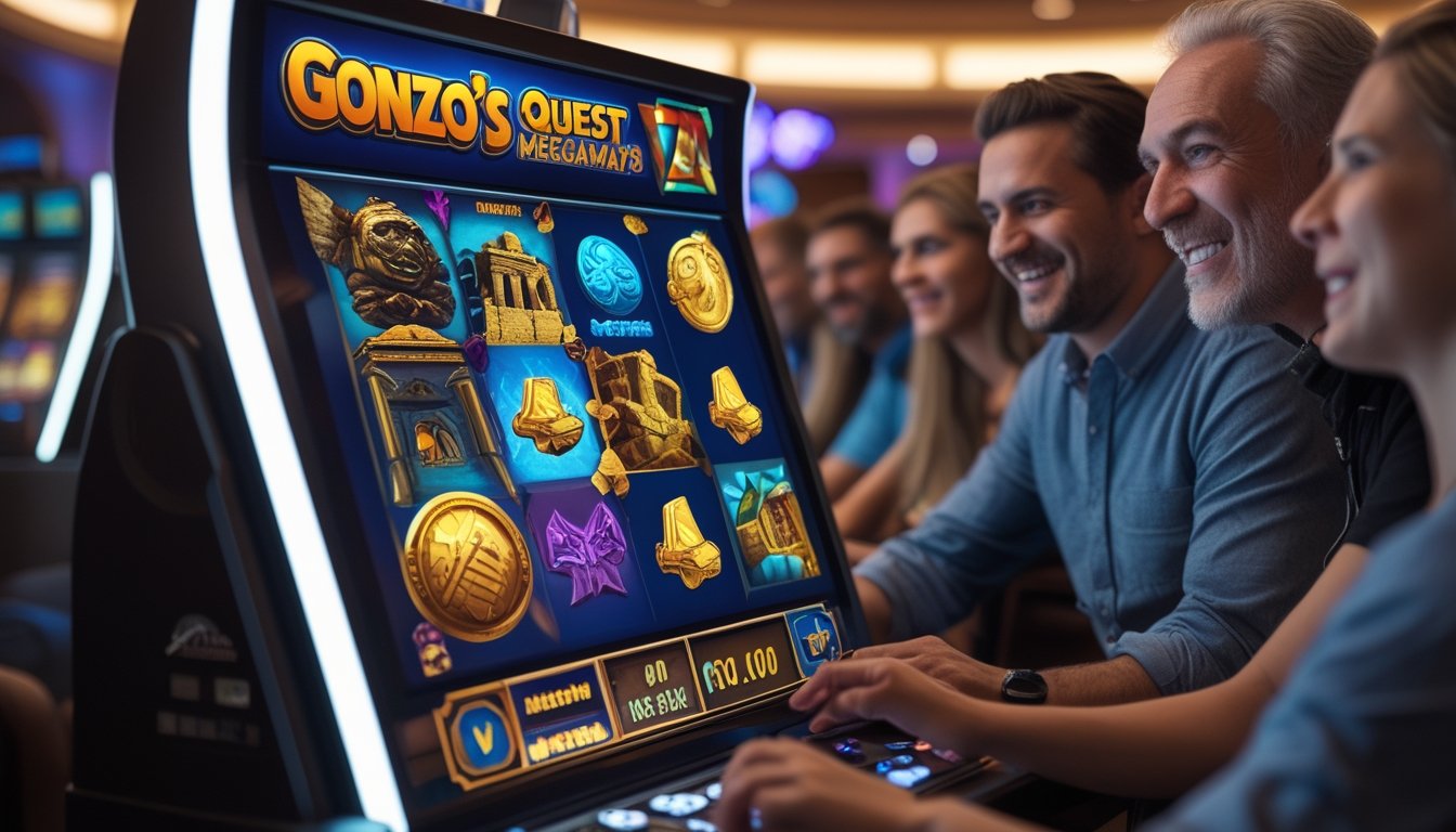 Beberapa orang dewasa sedang bermain mesin slot Gonzo's Quest Megaways dengan ekspresi fokus dan antusias di sebuah kasino.