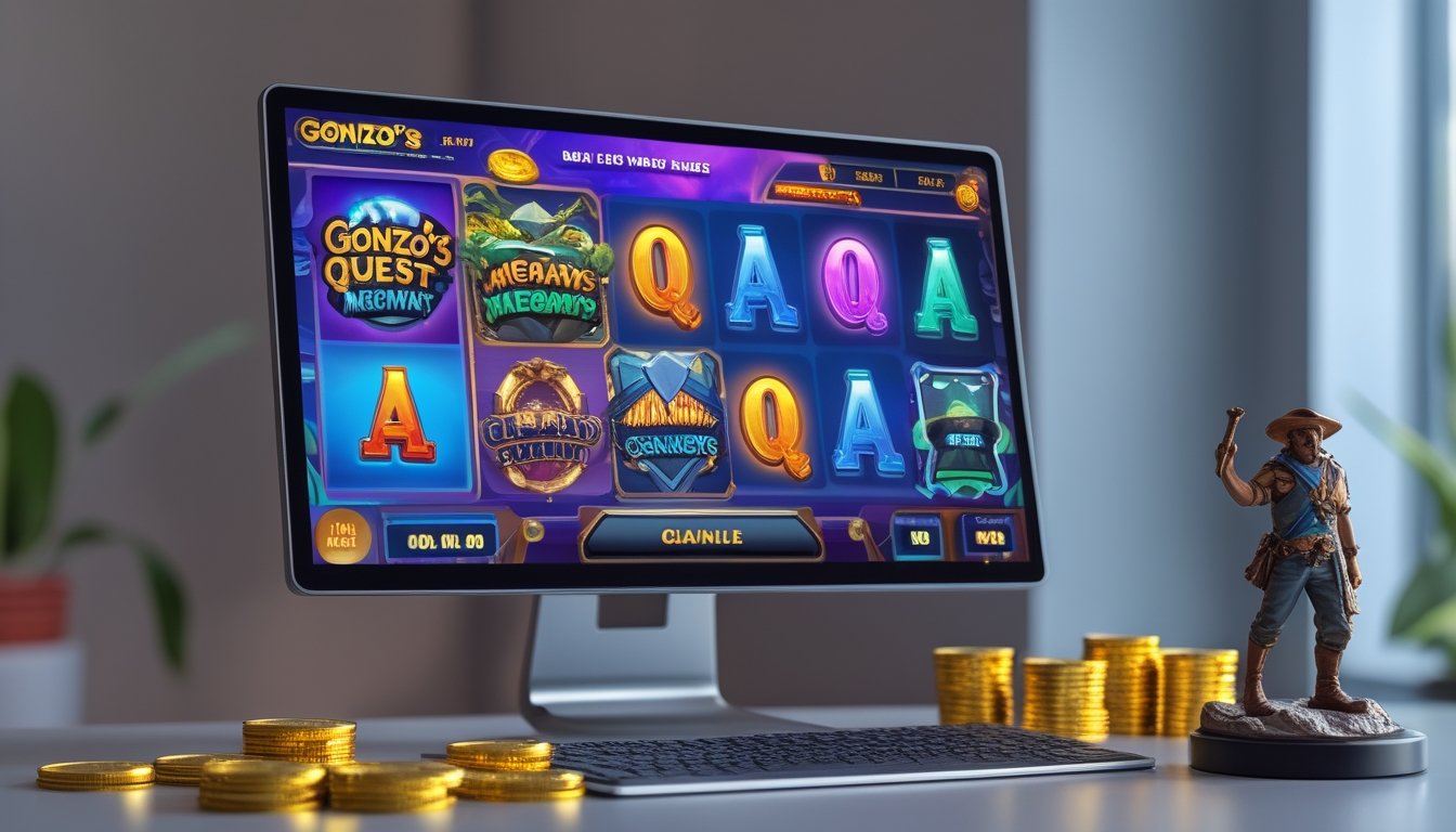Sebuah setup komputer modern menampilkan permainan slot online dengan grafik warna-warni dan simbol bertema petualangan, dikelilingi koin emas dan batu permata.