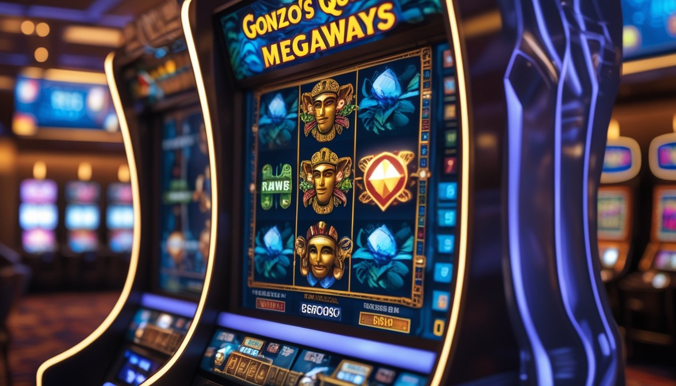Mesin slot modern dengan simbol bertema suku kuno dan latar belakang kasino yang remang-remang.