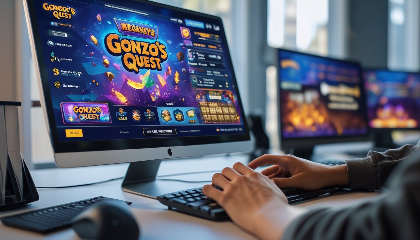 Sebuah setup gaming digital dengan layar menampilkan permainan Gonzo's Quest Megaways dan tangan yang sedang berinteraksi dengan layar untuk mengaktifkan fitur Avalanche.