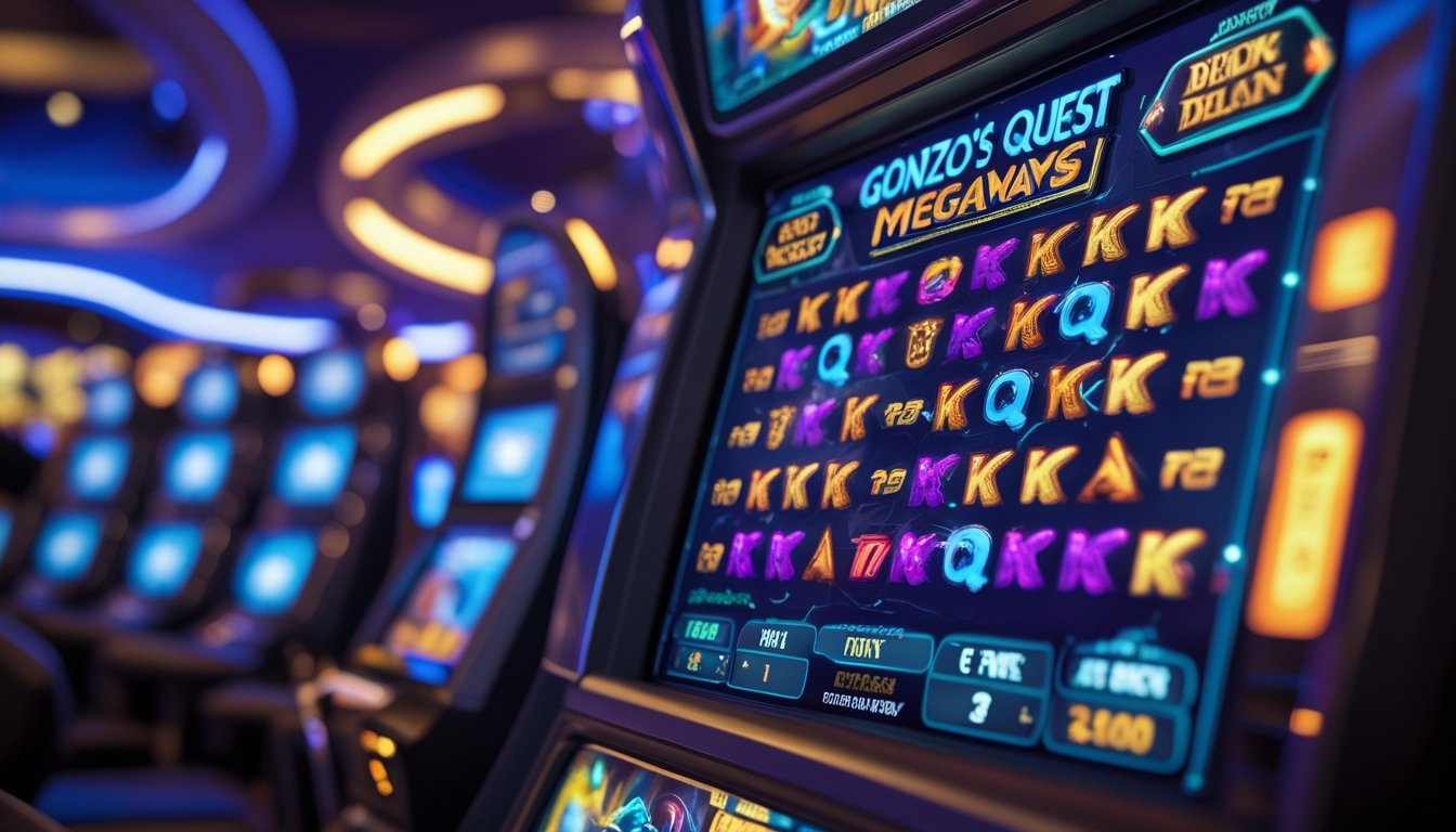 Tampilan dekat mesin slot dengan simbol berwarna-warni yang jatuh di layar, di latar belakang suasana kasino yang modern dan ramai.