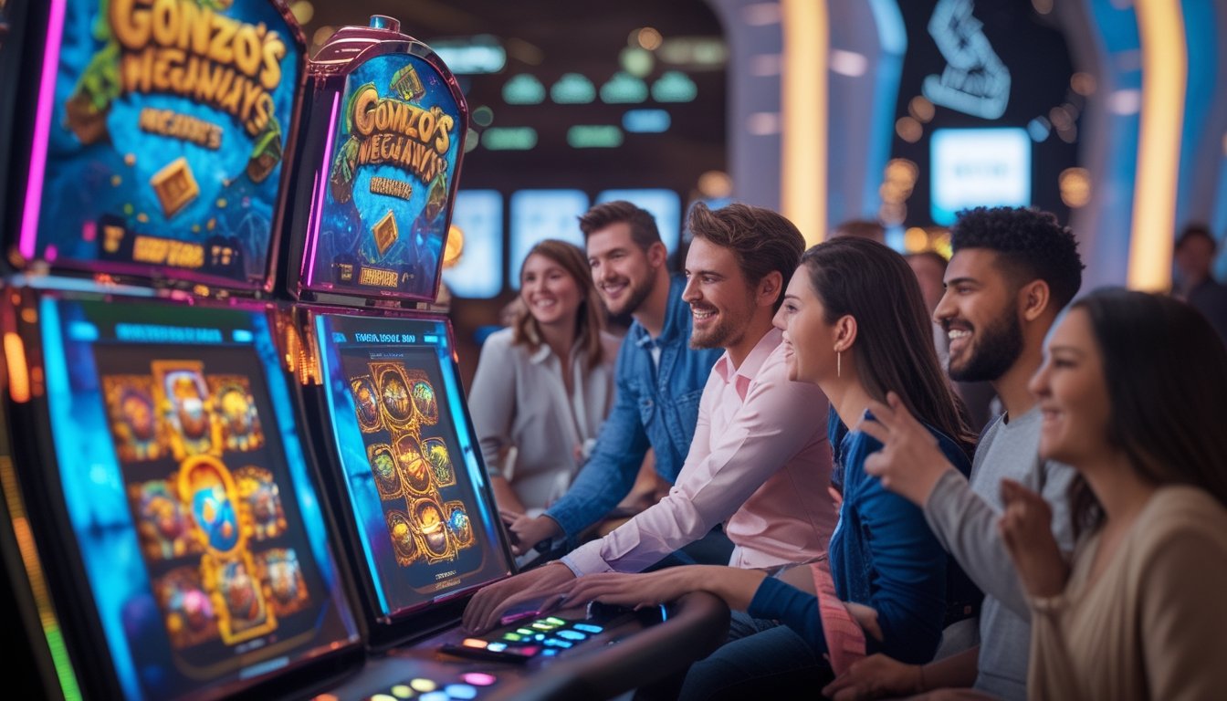 Beberapa orang sedang bermain mesin slot dengan tema petualangan dan harta karun di kasino modern yang cerah dan ramai.