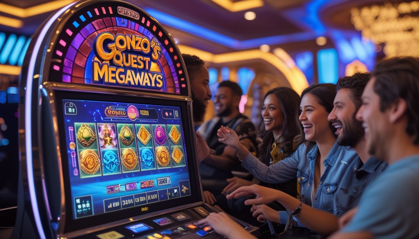Orang-orang sedang bermain mesin slot Gonzo's Quest Megaways di kasino yang modern dan ramai.