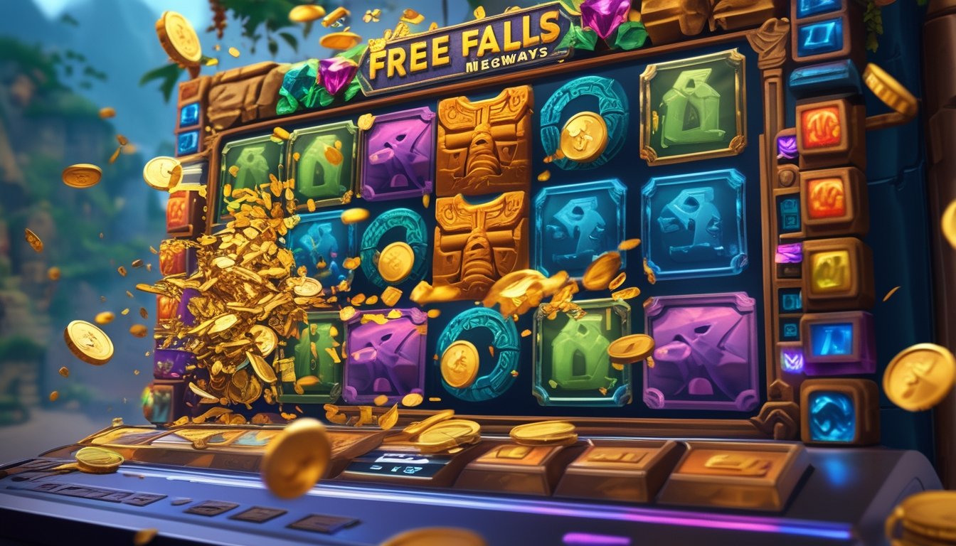 Mesin slot dengan gulungan berwarna-warni dan koin emas jatuh di layar, menunjukkan fitur bonus Free Falls dalam permainan Gonzo's Quest Megaways.