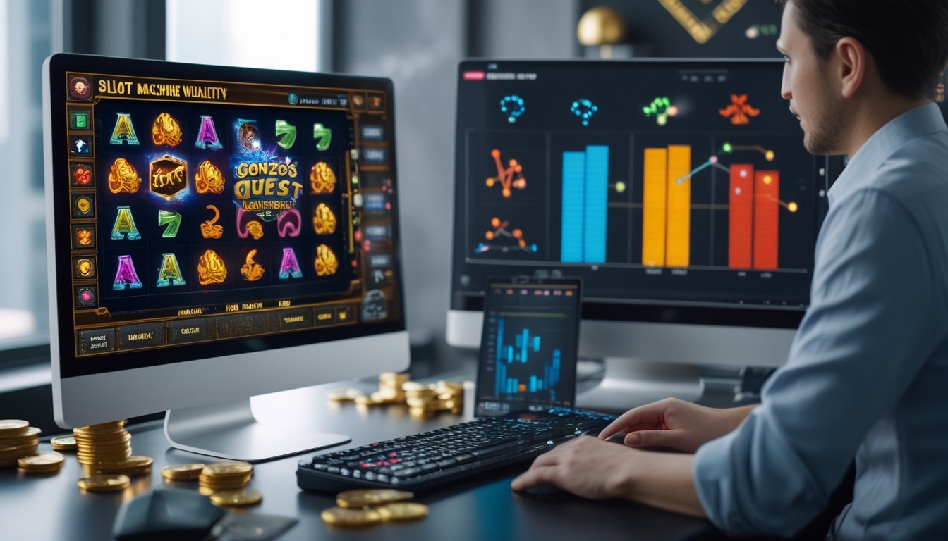 Seorang pria sedang menganalisis data slot mesin dengan layar komputer yang menampilkan grafik dan simbol permainan, di meja terdapat koin emas dan artefak bertema Aztec.